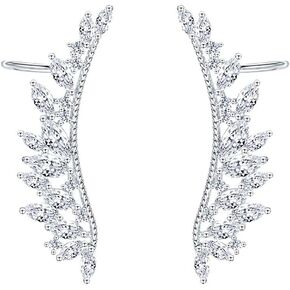 CZ Feather Crystal Cuffs Ear Crawler Climber Earrings for Women 925 Sterling Silver Post Pin Dainty Statement Wing Vine Wrap Sweep up Shiny Birthday Wedding Jewelry Gfts Bridal
