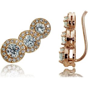 Sterling Silver Cubic Zirconia Three Stone Halo Crawler Climber Hook Earrings