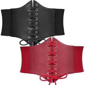 WERFORU 2 Pack Women Corset Elastic Belt Wide Retro Lace-up Tied Costume Waspie Waist Belt for Women Halloween, Suit Waist Size 32-35Inches,Black+Red