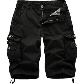 FOURSTEEDS Women's Mid Waist Cotton Loose Zipper Front Multi-Pocket Bermuda Drawstring Women Cargo Shorts Black US 12