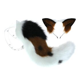 Fluffy Dog Ears Headband Animal Ears Headband Puppy Ears with Tail for Cosplay Party Headdress Costume Accessories (Brown White)