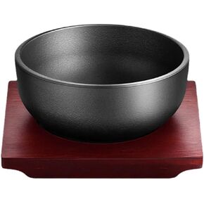 XICHENGSHIDAI Thicken Cast Iron Cauldron, Dolsot Bibimbap Bowl with Wooden Base, 24oz/31oz/47oz of Soup Rice Stew Bowls on induction or oven - 47oz