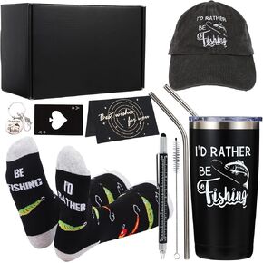 8 Pieces Fishing Gifts for Men I'd Rather Be Fishing Gifts Dad Grandpa Christmas Birthday Gifts Box Set with Insulated Tumbler Baseball Cap Socks (Fishing)