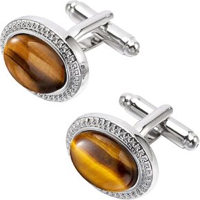 Oval Natural Polished Tigers Eye Gemstone Cufflinks for Men Silver/14K Gold Plated Crystal Men's Cufflinks Jewelry for Wedding Anniversary Business Party Tuxedo Dress