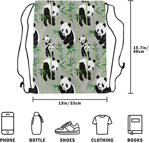 Erosebridal Cute Panda Drawstring Backpack 13x15.7,Kawaii Panda Drawstring Bags,Green Branches Leaves Printed Draw String Back Bag for Sport Gym Swim,Cartoon Animal Theme String Backpack,Black White in Kuwait