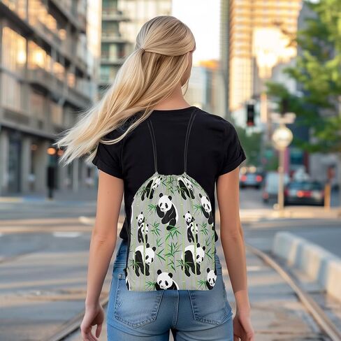 Erosebridal Cute Panda Drawstring Backpack 13x15.7,Kawaii Panda Drawstring Bags,Green Branches Leaves Printed Draw String Back Bag for Sport Gym Swim,Cartoon Animal Theme String Backpack,Black White in Kuwait