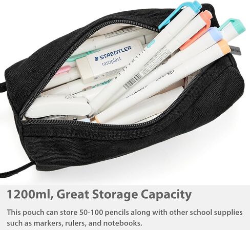 Pencil Case Pouch Bag School Supplies for Girls and Boys, Heavy Duty Canvas Aesthetic Pen Case, Simple Zipper Stationery Bag for Women Men Adults, Black, 1200ml in Kuwait
