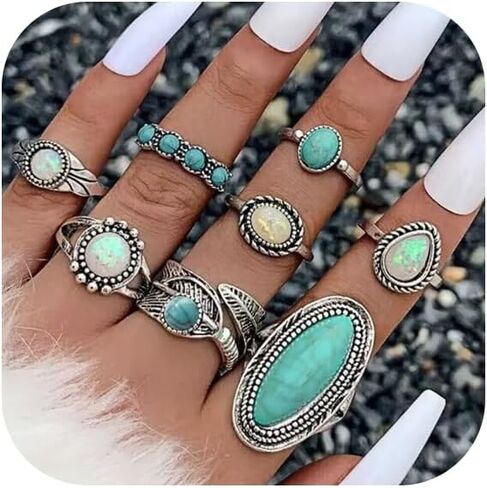 Bohemian Turquoise Ring Set for Women,Vintage Joint Knuckle Stackable Rings Oval Gemstone Ring Chunky Stone Crystal Midi Finger Ring Pack Western Jewelry Gifts in Kuwait