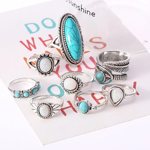 Bohemian Turquoise Ring Set for Women,Vintage Joint Knuckle Stackable Rings Oval Gemstone Ring Chunky Stone Crystal Midi Finger Ring Pack Western Jewelry Gifts in Kuwait