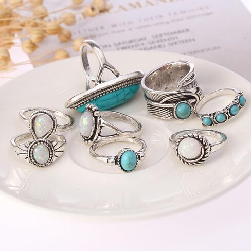 Bohemian Turquoise Ring Set for Women,Vintage Joint Knuckle Stackable Rings Oval Gemstone Ring Chunky Stone Crystal Midi Finger Ring Pack Western Jewelry Gifts in Kuwait