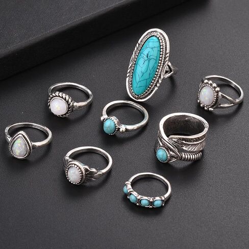 Bohemian Turquoise Ring Set for Women,Vintage Joint Knuckle Stackable Rings Oval Gemstone Ring Chunky Stone Crystal Midi Finger Ring Pack Western Jewelry Gifts in Kuwait