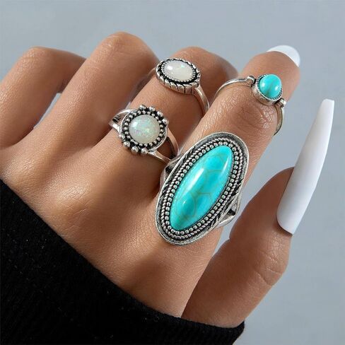 Bohemian Turquoise Ring Set for Women,Vintage Joint Knuckle Stackable Rings Oval Gemstone Ring Chunky Stone Crystal Midi Finger Ring Pack Western Jewelry Gifts in Kuwait