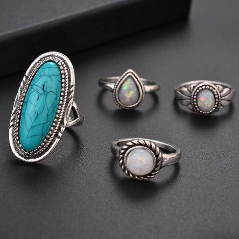 Bohemian Turquoise Ring Set for Women,Vintage Joint Knuckle Stackable Rings Oval Gemstone Ring Chunky Stone Crystal Midi Finger Ring Pack Western Jewelry Gifts in Kuwait