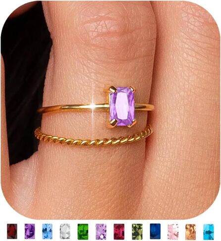 ALEXTINA 2 PCS Stackable Gold Birthstone Rings for Women Non Tarnish Dainty 14K Gold Plated Rings Set Thin Twisted Rope Band CZ Rings Personalized Birthday Gift in Saudi Arabia