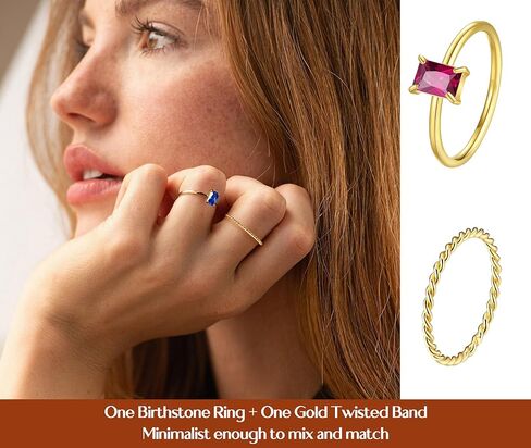 ALEXTINA 2 PCS Stackable Gold Birthstone Rings for Women Non Tarnish Dainty 14K Gold Plated Rings Set Thin Twisted Rope Band CZ Rings Personalized Birthday Gift in Saudi Arabia