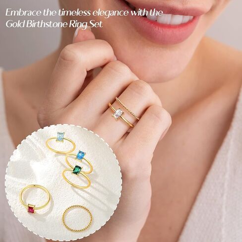 ALEXTINA 2 PCS Stackable Gold Birthstone Rings for Women Non Tarnish Dainty 14K Gold Plated Rings Set Thin Twisted Rope Band CZ Rings Personalized Birthday Gift in Saudi Arabia