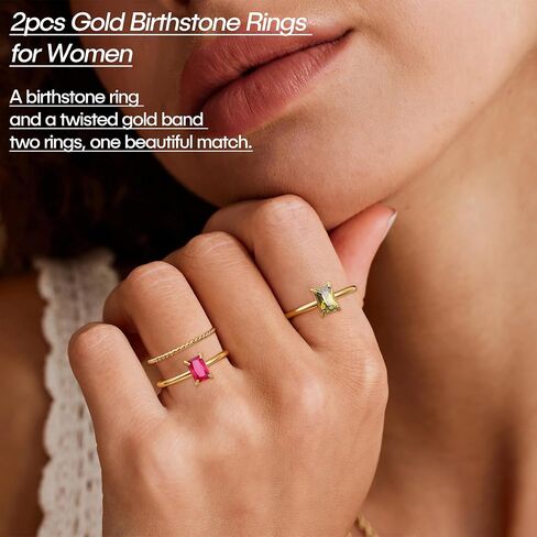 ALEXTINA 2 PCS Stackable Gold Birthstone Rings for Women Non Tarnish Dainty 14K Gold Plated Rings Set Thin Twisted Rope Band CZ Rings Personalized Birthday Gift in Saudi Arabia