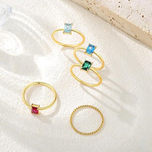 ALEXTINA 2 PCS Stackable Gold Birthstone Rings for Women Non Tarnish Dainty 14K Gold Plated Rings Set Thin Twisted Rope Band CZ Rings Personalized Birthday Gift in Saudi Arabia