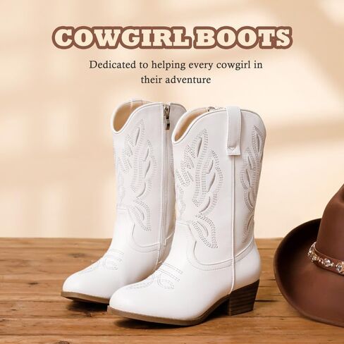 Cowgirl Boots for Little Girls Mid Calf Pointed Toe Kid Cowboy Boots Side Zipper Classic Embroidered Western Boots Horse Riding Shoes Party for Toddler Little Big Kids in Kuwait