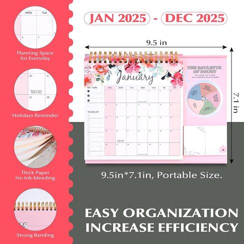 CAGIE Desk Calendar 2025 Standing Flip, Small Desk Calendar 2025 Stand up Desk Calendar from Jan 2025 - Dec 2025, Desktop Calendar 2025 with Sticky Notes and Roulette, 9.5"×7.2", Bloomy Flowers Pink in Saudi Arabia
