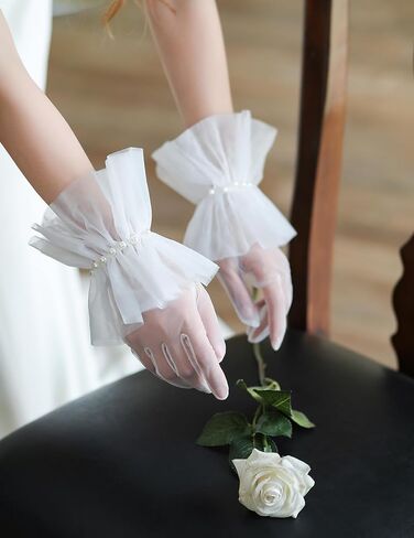 Women's Vintage Short Mesh Gloves Ruffle Tea Party Tulle Gloves Pearls Wedding Opera Party Gloves in Saudi Arabia