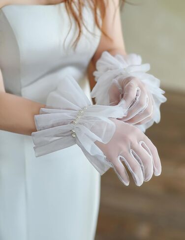 Women's Vintage Short Mesh Gloves Ruffle Tea Party Tulle Gloves Pearls Wedding Opera Party Gloves in Saudi Arabia