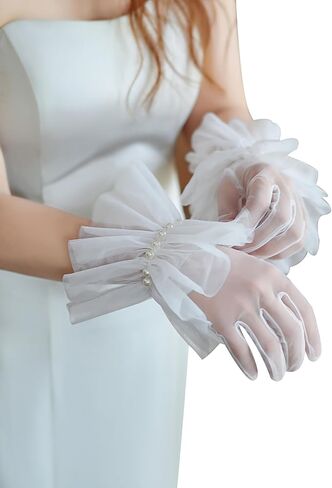Women's Vintage Short Mesh Gloves Ruffle Tea Party Tulle Gloves Pearls Wedding Opera Party Gloves in Saudi Arabia