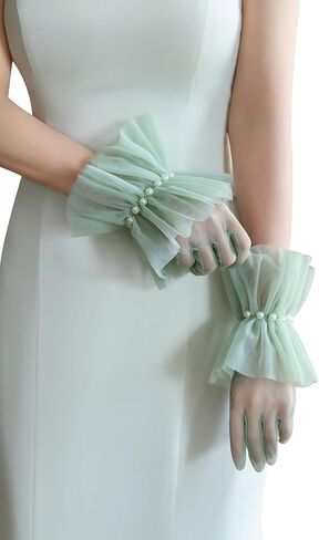 Women's Vintage Short Mesh Gloves Ruffle Tea Party Tulle Gloves Pearls Wedding Opera Party Gloves in Saudi Arabia