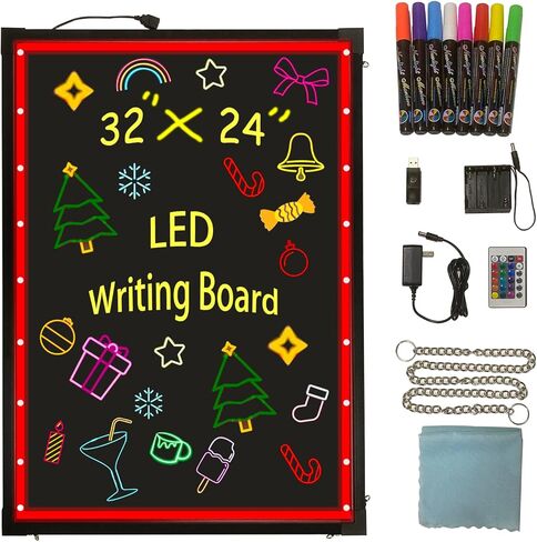 لوحة كتابة رسائل LED مضيئة، 32 بوصة × 24 بوصة، لوحة سبورة وامضة قابلة للمسح بتأثير نيون مع جهاز تحكم عن بعد و8 صانعات فلورسنت لحفلات الزفاف والمتجر والمقهى والبارات والترويج in Kuwait