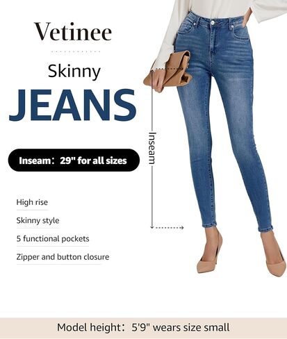 Vetinee Skinny Jeans for Women High Waisted Slim Fit Trendy Classic Stretchy Denim Pants Jean Leggings Jeggings Pockets in Kuwait