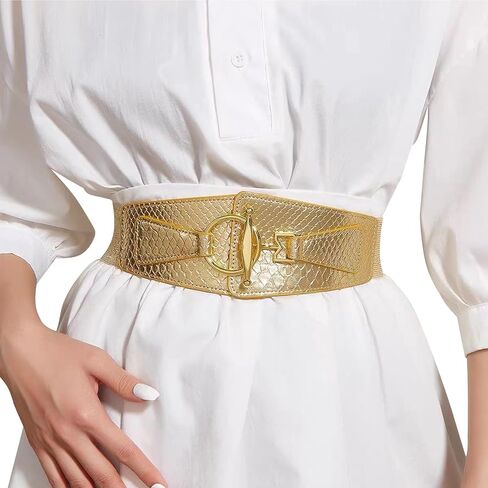 Women Wide Elastic Waist Belt for Dresses Fashion Gold Buckle Vintage Stretchy Ladies Faux Leather Belts Solid Color in Saudi Arabia
