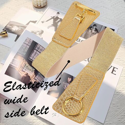 Women Wide Elastic Waist Belt for Dresses Fashion Gold Buckle Vintage Stretchy Ladies Faux Leather Belts Solid Color in Saudi Arabia