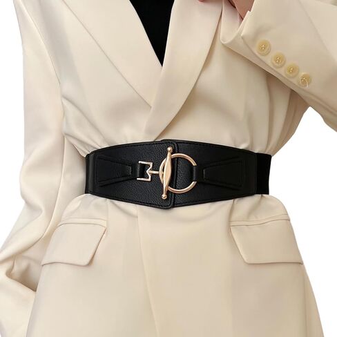 Women Wide Elastic Waist Belt for Dresses Fashion Gold Buckle Vintage Stretchy Ladies Faux Leather Belts Solid Color in Saudi Arabia