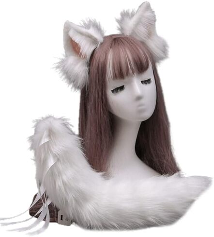 Furry Faux Fox Wolf Cat Clip Ears Headband Animal Tail Cosplay Props Halloween Costume (6EE407300-BK) in Saudi Arabia