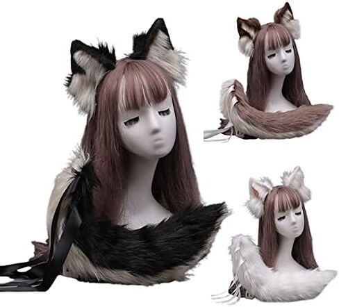Furry Faux Fox Wolf Cat Clip Ears Headband Animal Tail Cosplay Props Halloween Costume (6EE407300-BK) in Saudi Arabia