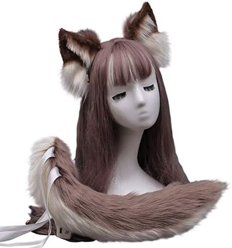 Furry Faux Fox Wolf Cat Clip Ears Headband Animal Tail Cosplay Props Halloween Costume (6EE407300-BK) in Saudi Arabia