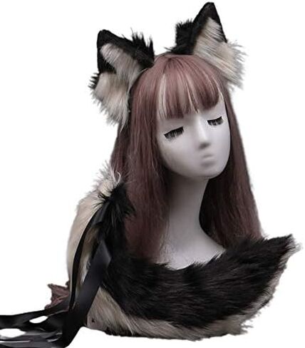 Furry Faux Fox Wolf Cat Clip Ears Headband Animal Tail Cosplay Props Halloween Costume (6EE407300-BK) in Saudi Arabia
