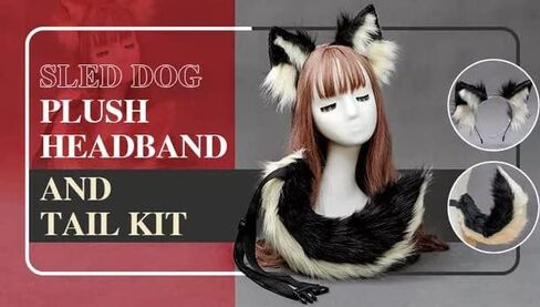Furry Faux Fox Wolf Cat Clip Ears Headband Animal Tail Cosplay Props Halloween Costume (6EE407300-BK) in Saudi Arabia