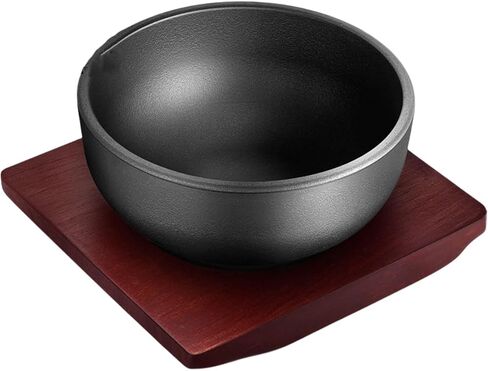 XICHENGSHIDAI Thicken Cast Iron Cauldron, Dolsot Bibimbap Bowl with Wooden Base, 24oz/31oz/47oz of Soup Rice Stew Bowls on induction or oven - 47oz in Kuwait