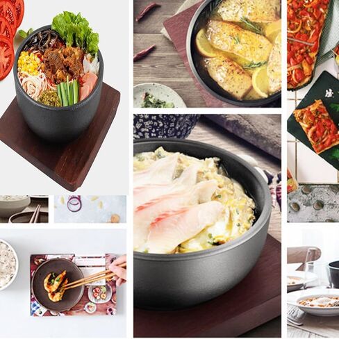 XICHENGSHIDAI Thicken Cast Iron Cauldron, Dolsot Bibimbap Bowl with Wooden Base, 24oz/31oz/47oz of Soup Rice Stew Bowls on induction or oven - 47oz in Kuwait