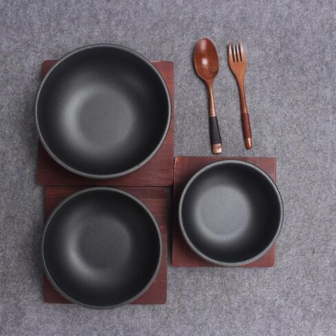 XICHENGSHIDAI Thicken Cast Iron Cauldron, Dolsot Bibimbap Bowl with Wooden Base, 24oz/31oz/47oz of Soup Rice Stew Bowls on induction or oven - 47oz in Kuwait