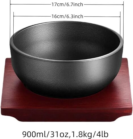 XICHENGSHIDAI Thicken Cast Iron Cauldron, Dolsot Bibimbap Bowl with Wooden Base, 24oz/31oz/47oz of Soup Rice Stew Bowls on induction or oven - 47oz in Kuwait