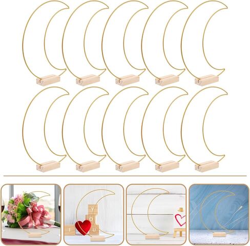 STOBAZA 10 Sets Metal Floral Hoop Centerpiece Moon Shaped Metal Wreath Ring with Wood Holder for DIY Wedding Table Decor Flower Garlands in Kuwait