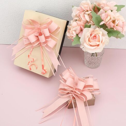 20 PCS Pull Bows for Presents Large Snow Gift Bows with Tulle & Gold Line Light Pink Pull Bows for Presents Package,Gift Baskets,Christmas,Wedding Gift Decoration in Saudi Arabia