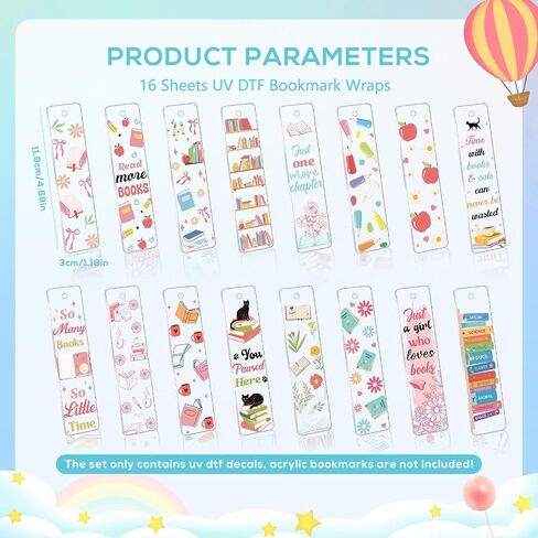 Luvsweeets UV DTF Bookmark Stickers - 16 Sheets Book Lover UV DTF Decals for Acrylic Bookmarks Waterproof Bookish Rub on Transfer Stickers UVDTF Wraps for DIY Blank Bookmarks Teacher Gifts in Saudi Arabia