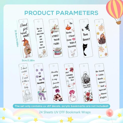 Luvsweeets UV DTF Bookmark Stickers - 16 Sheets Book Lover UV DTF Decals for Acrylic Bookmarks Waterproof Bookish Rub on Transfer Stickers UVDTF Wraps for DIY Blank Bookmarks Teacher Gifts in Saudi Arabia