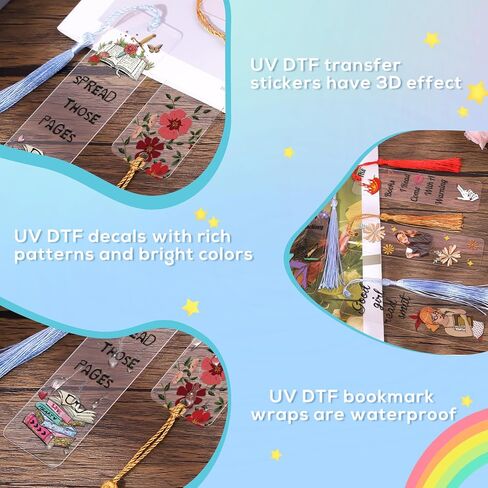 Luvsweeets UV DTF Bookmark Stickers - 16 Sheets Book Lover UV DTF Decals for Acrylic Bookmarks Waterproof Bookish Rub on Transfer Stickers UVDTF Wraps for DIY Blank Bookmarks Teacher Gifts in Saudi Arabia