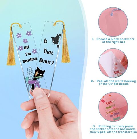 Luvsweeets UV DTF Bookmark Stickers - 16 Sheets Book Lover UV DTF Decals for Acrylic Bookmarks Waterproof Bookish Rub on Transfer Stickers UVDTF Wraps for DIY Blank Bookmarks Teacher Gifts in Saudi Arabia