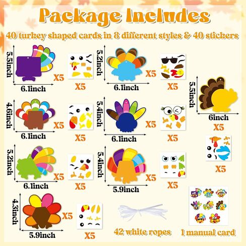 3sscha 40 Packs Fall Turkey Craft Kits for Kindergarten Kids - Thanksgiving Art Craft Make Your Own Turkey DIY Card Sticker Artwork Project for Home Preschool Classroom Game Students Activities in Saudi Arabia