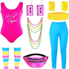 80s 90s Women Workout Costume Outfit Aceessories Set Headband Leg Warmers Wristbands Earrings for Halloween Retro Party